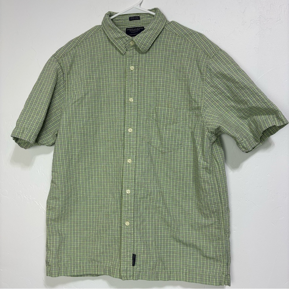 American Eagle Corded Check Linen Cotton Button Front Short Sleeve Casual Men L